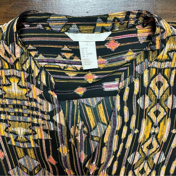 H&M Sheer Southwest Blouse Women’s 4 V-Neck Button Down Boho Black Shirt Top - Picture 2 of 11